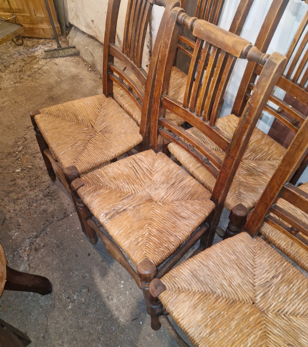 Set of 6 Rush seat kitchen dining chairs. View VI