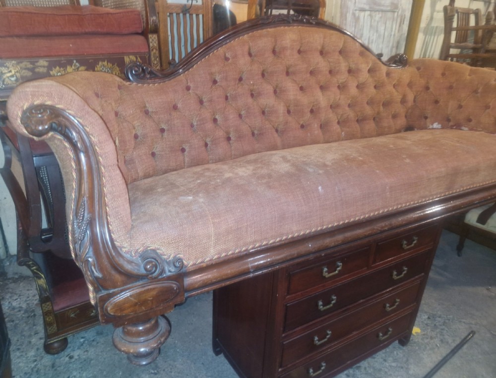 Large Victorian mahogany framed country house upholstered sofa. View VI