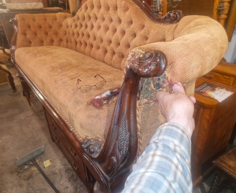 Large Victorian mahogany framed country house upholstered sofa. View X