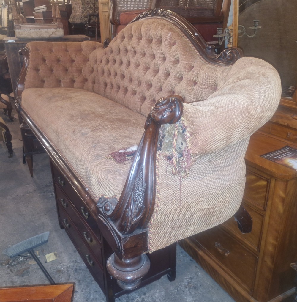Large Victorian mahogany framed country house upholstered sofa. View XI