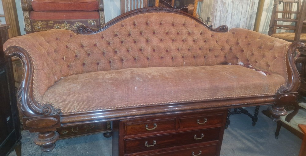 Large Victorian mahogany framed country house upholstered sofa. View XIII