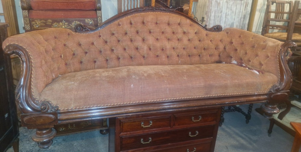 Large Victorian mahogany framed country house upholstered sofa. View XIV