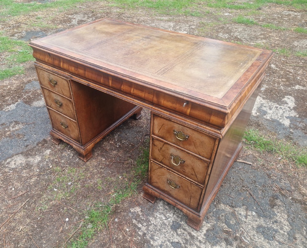 Walnut and Yewwood pedestal writing desk.  View III