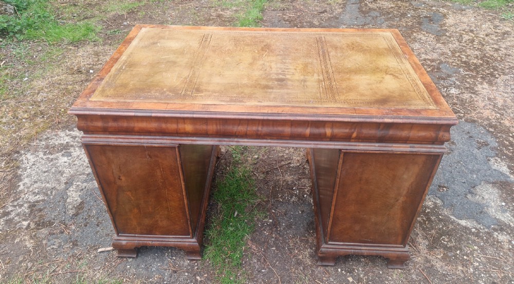 Walnut and Yewwood pedestal writing desk.  View IV