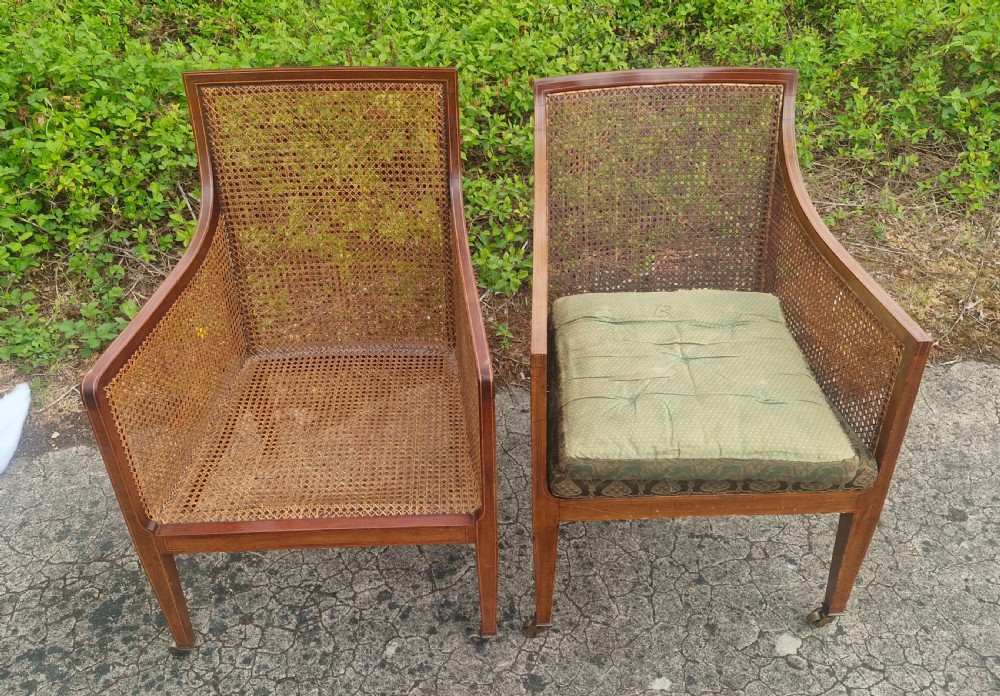 Matched pair of Edwardian inlaid mahogany Bergere armchairs.  View III