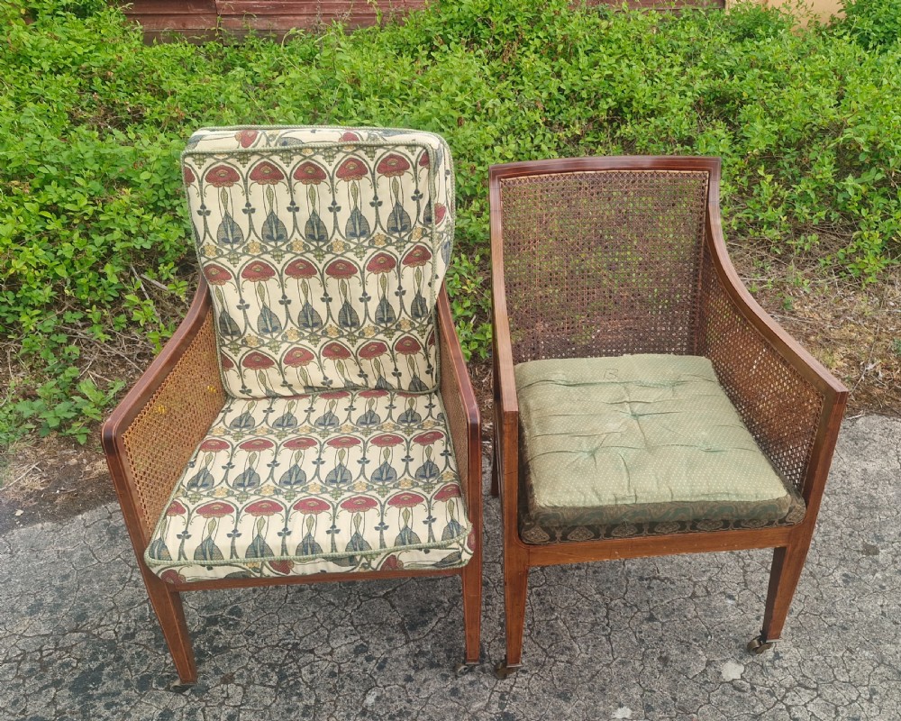 Matched pair of Edwardian inlaid mahogany Bergere armchairs.  View IV