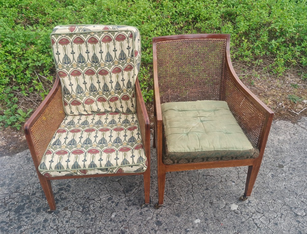 Matched pair of Edwardian inlaid mahogany Bergere armchairs.  View V