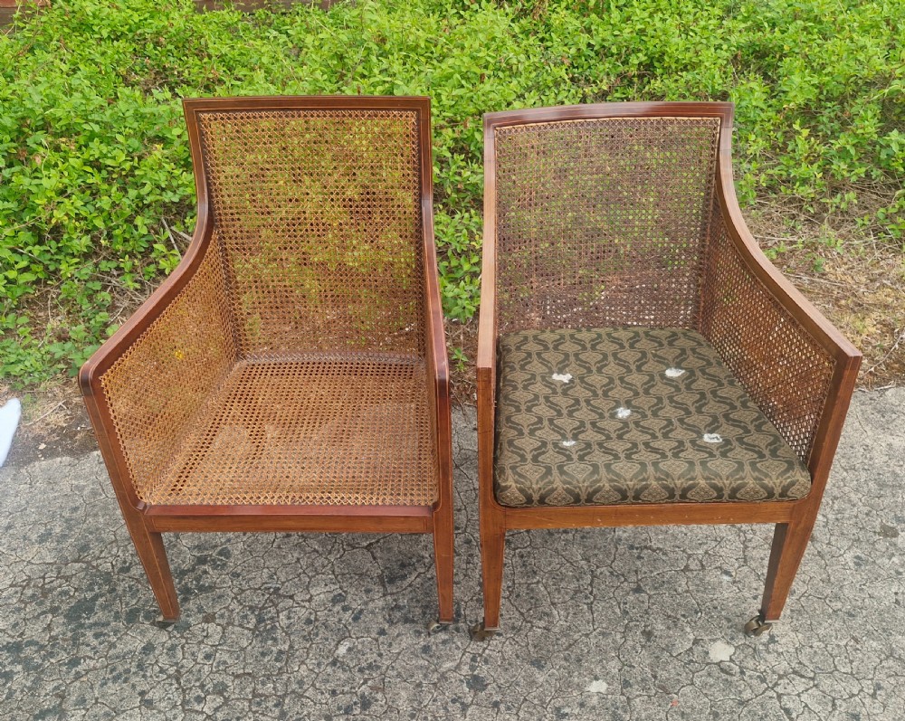 Matched pair of Edwardian inlaid mahogany Bergere armchairs.  View VI