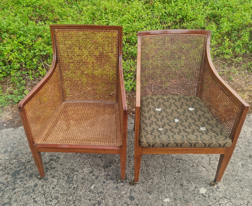 Matched pair of Edwardian inlaid mahogany Bergere armchairs.  View VII