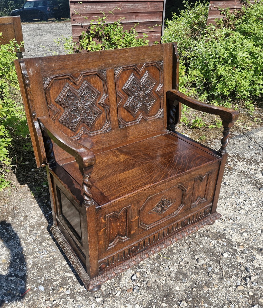 Edwardian oak monks bench. 