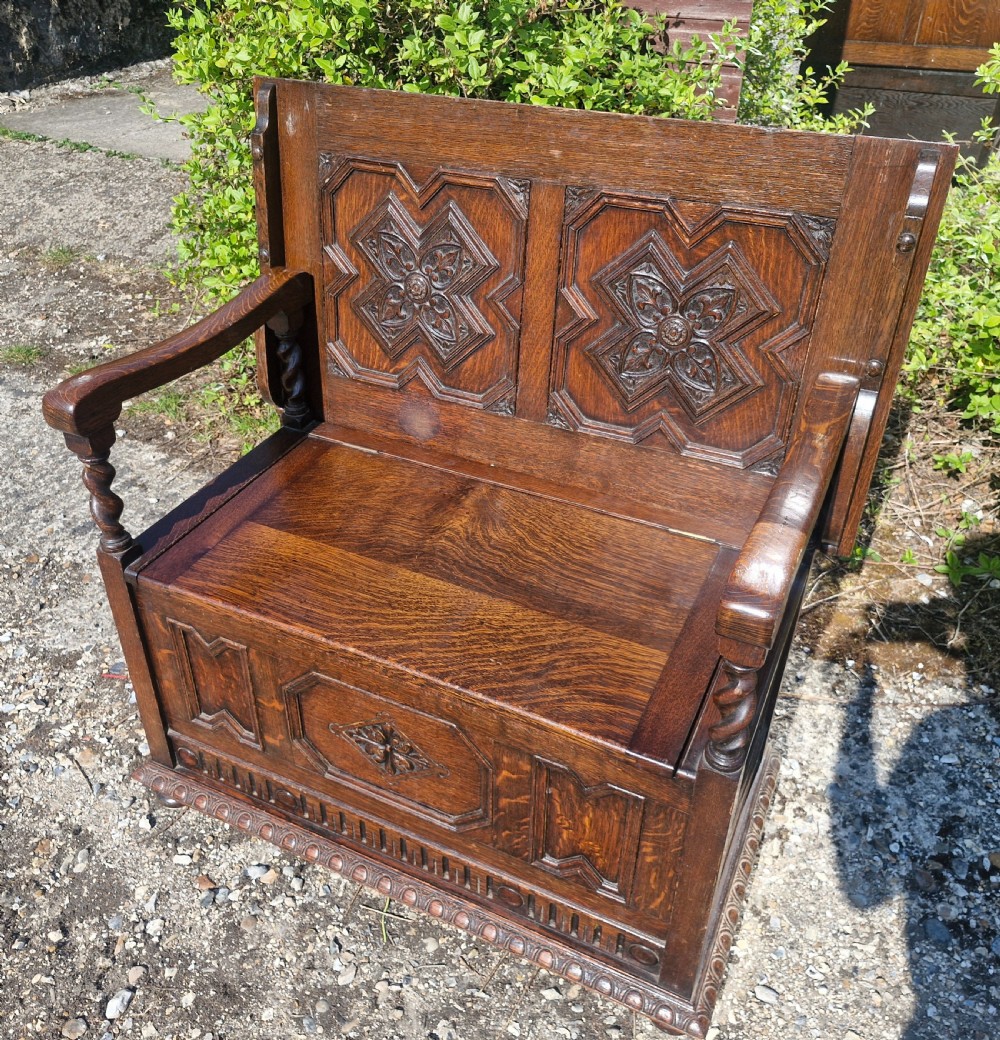 Edwardian oak monks bench.  View V
