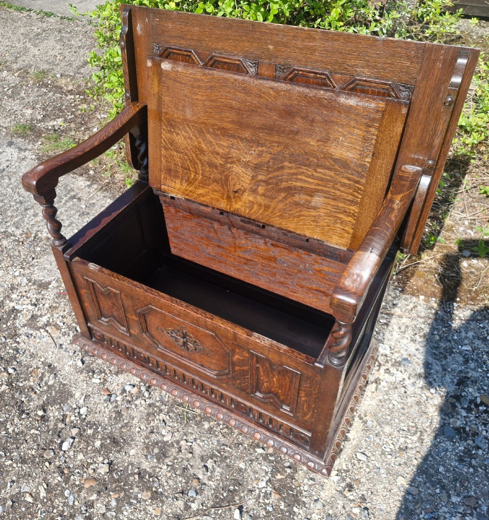 Edwardian oak monks bench.  View VI