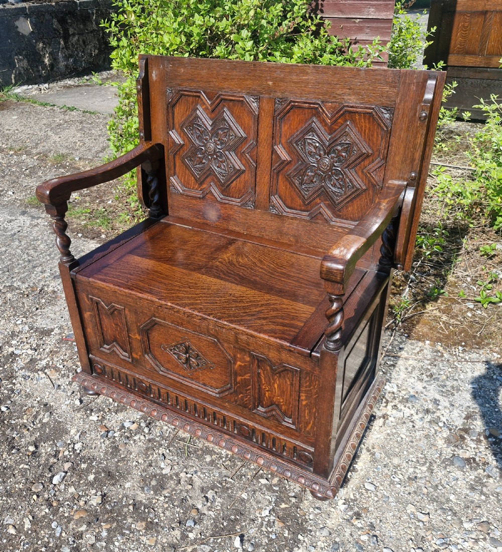Edwardian oak monks bench.  View VII