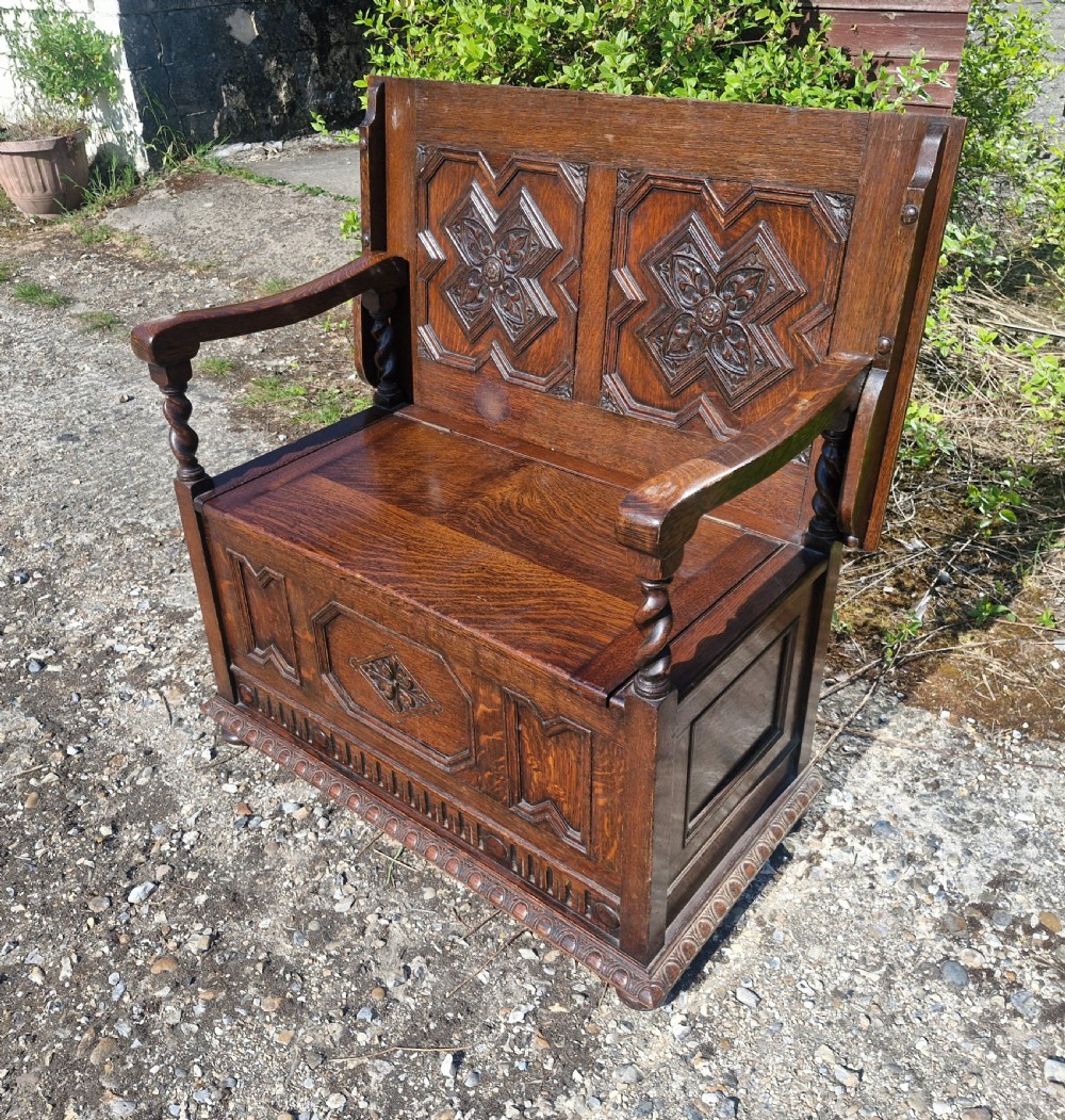 Edwardian oak monks bench.  View VIII