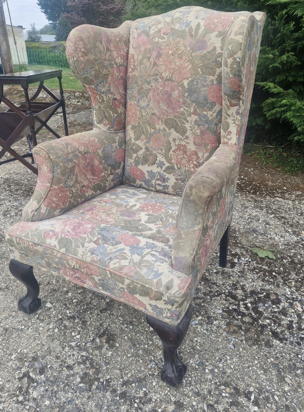 Edwardian mahogany framed wing back upholstered armchair on ball and Claw Feet. View IV
