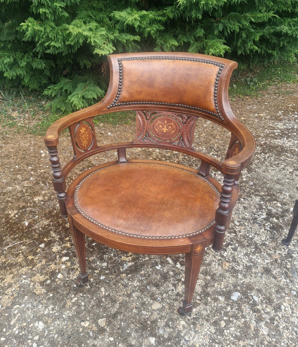 Edwardian inlaid mahogany leather upholstered armchair.  View II
