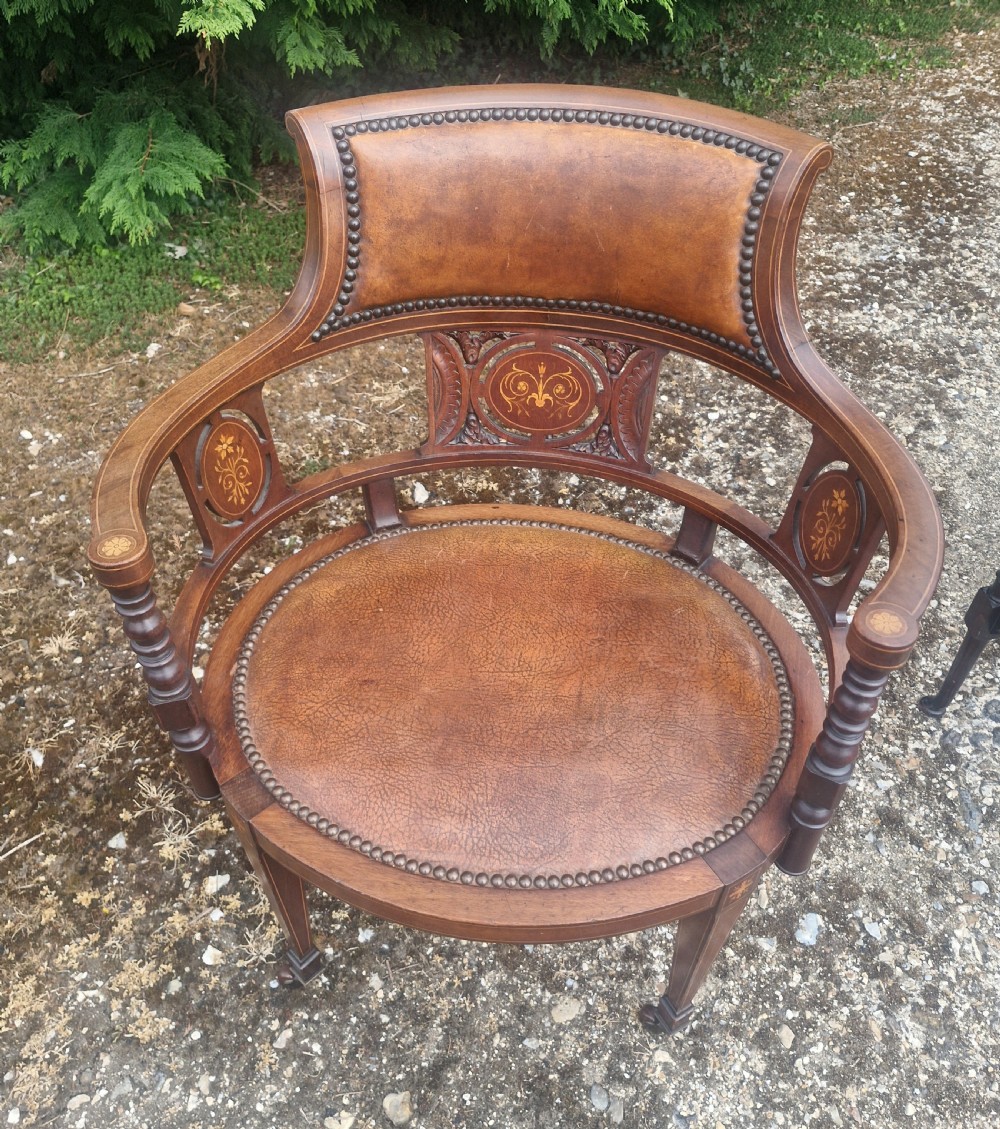 Edwardian inlaid mahogany leather upholstered armchair.  View III