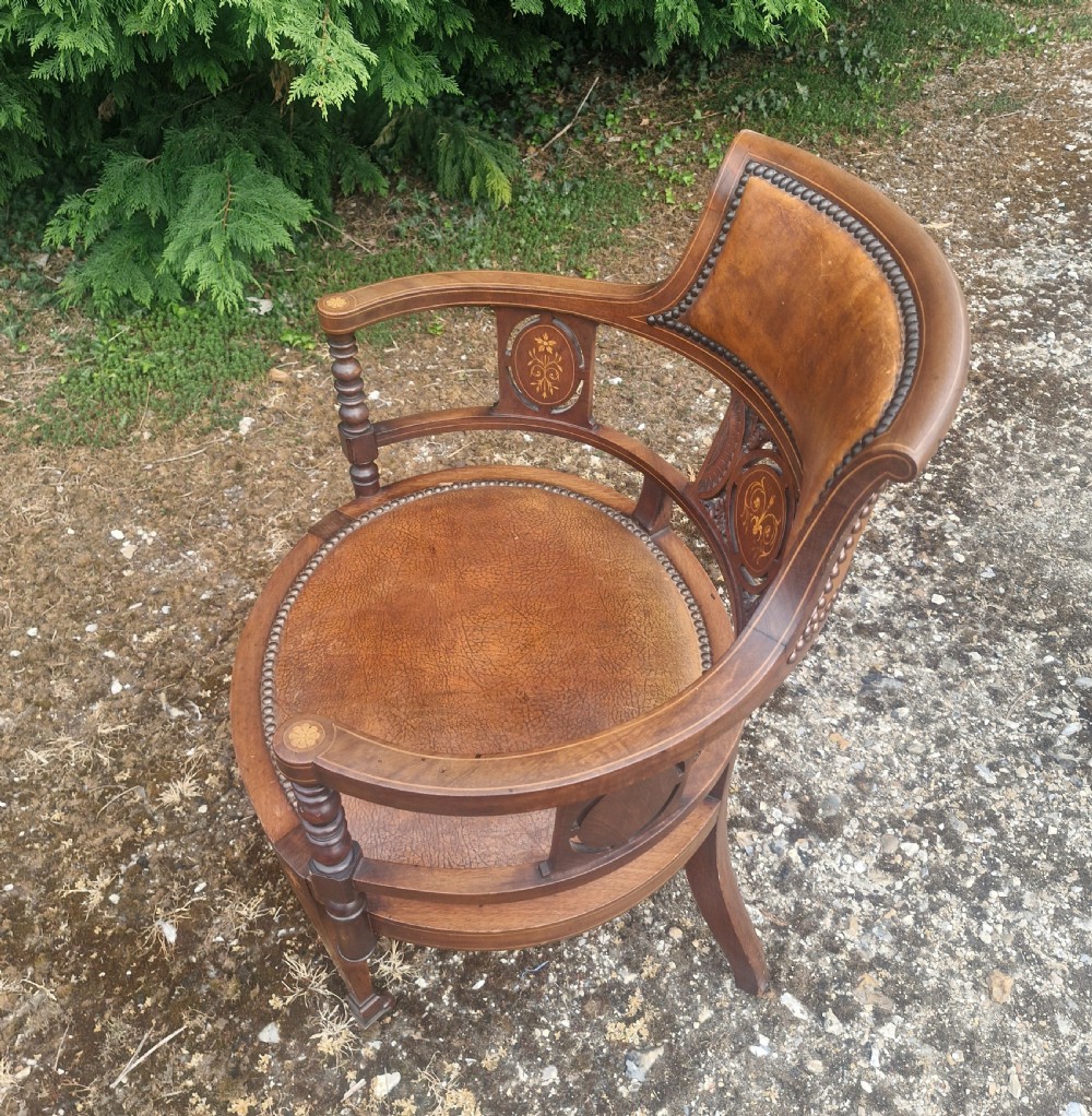 Edwardian inlaid mahogany leather upholstered armchair.  View IV