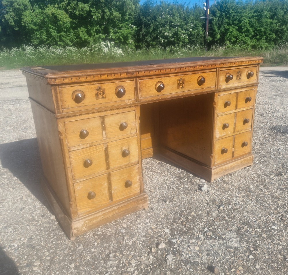 Victorian inlaid oak pedestal desk in the manner of Charles Bevan. View II