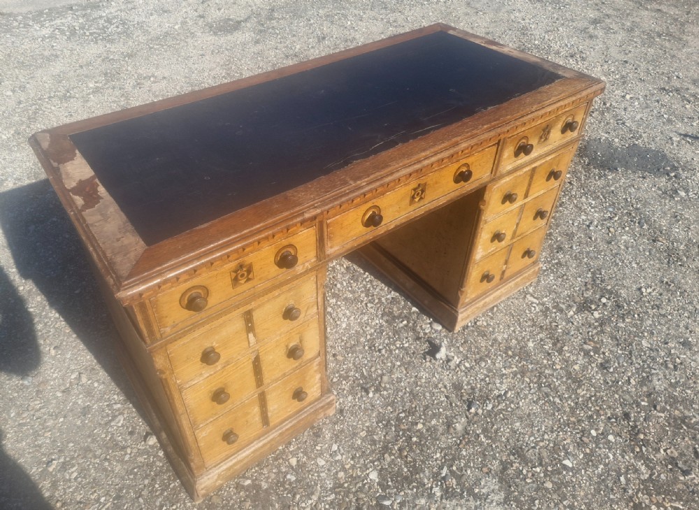 Victorian inlaid oak pedestal desk in the manner of Charles Bevan. View III