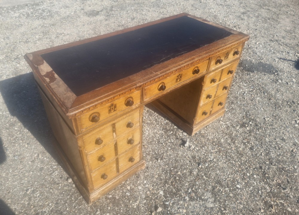 Victorian inlaid oak pedestal desk in the manner of Charles Bevan. View IV