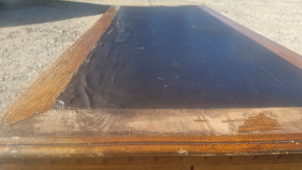 Victorian inlaid oak pedestal desk in the manner of Charles Bevan. View VI