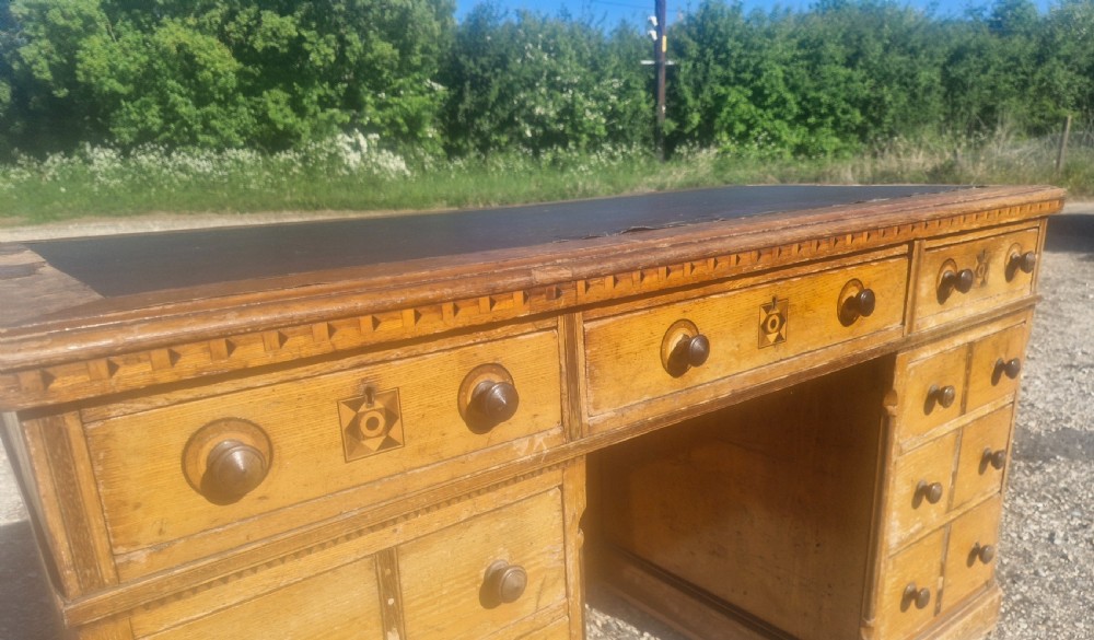 Victorian inlaid oak pedestal desk in the manner of Charles Bevan. View VIII