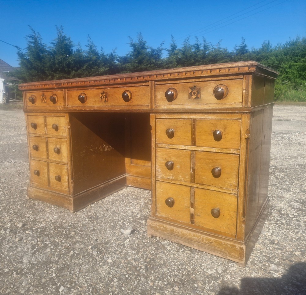 Victorian inlaid oak pedestal desk in the manner of Charles Bevan. View IX