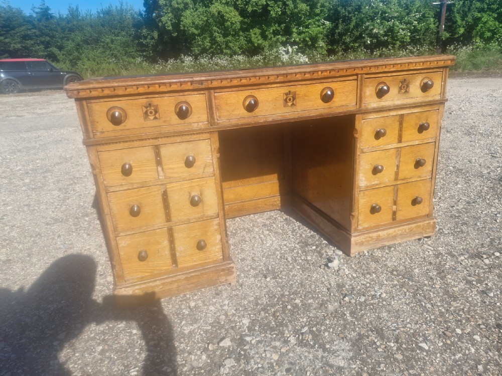 Victorian inlaid oak pedestal desk in the manner of Charles Bevan. View X