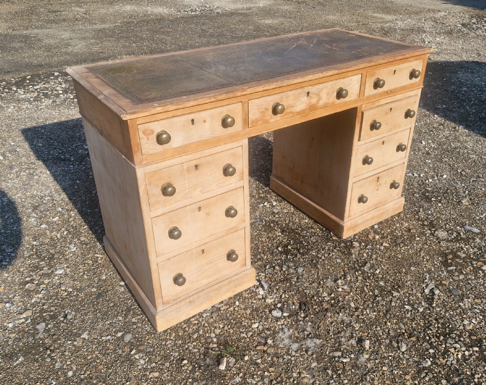 Late Victorian pine kneehole pedestal writing desk.  View III