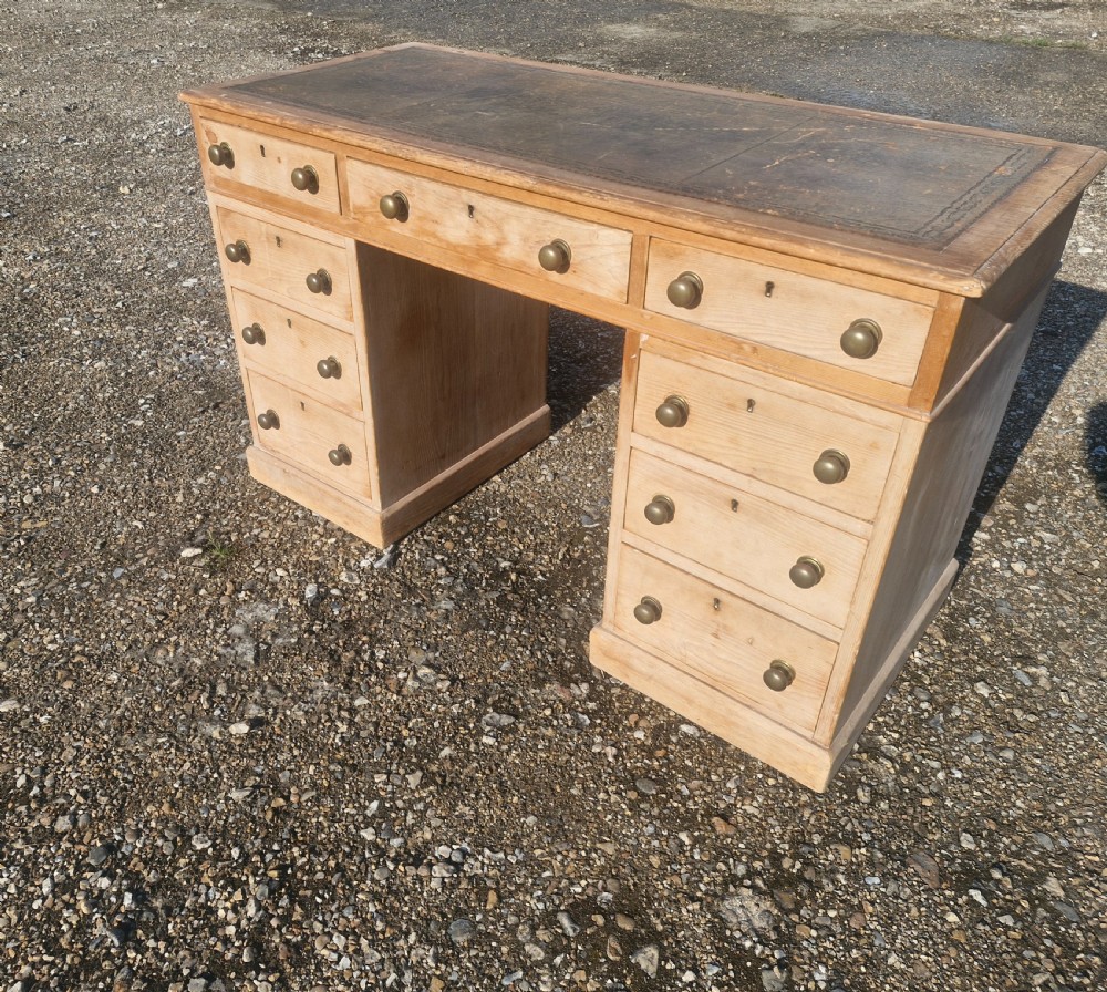 Late Victorian pine kneehole pedestal writing desk.  View IV