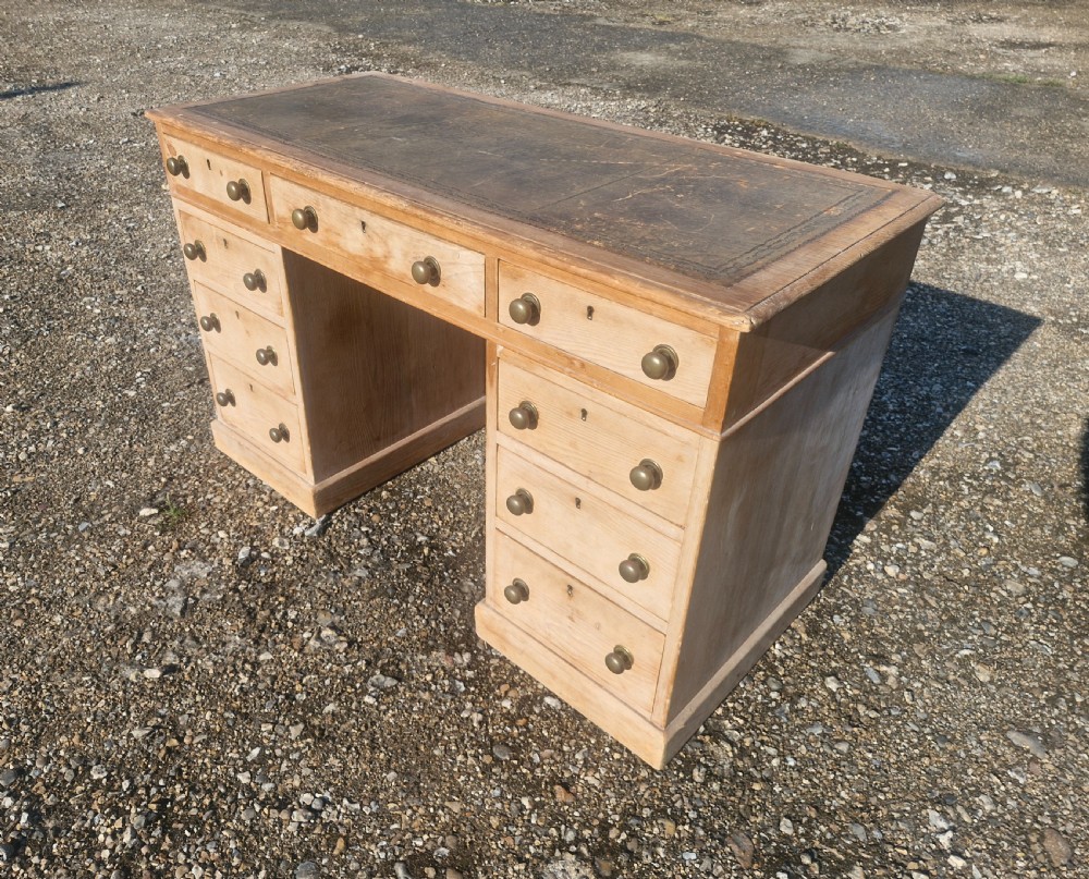 Late Victorian pine kneehole pedestal writing desk.  View V