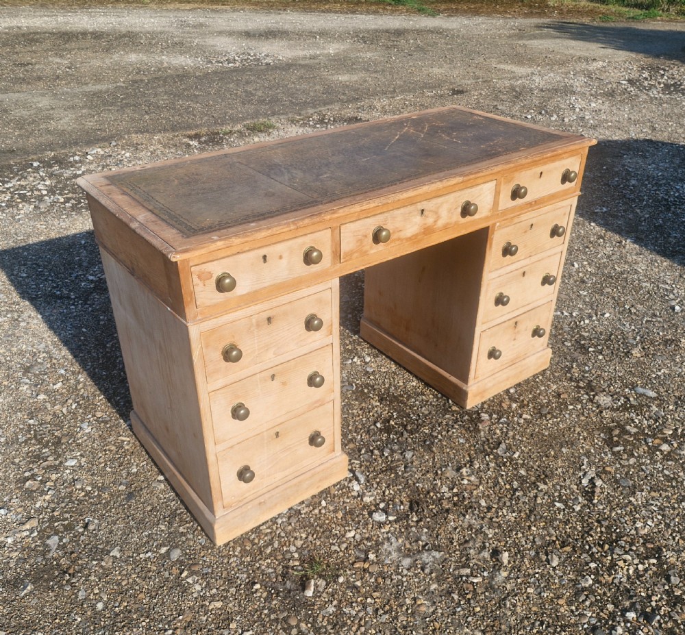 Late Victorian pine kneehole pedestal writing desk.  View VII