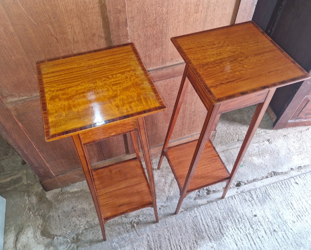 Pair of Edwardian inlaid Satinwood 2 tier jardiniere stands.