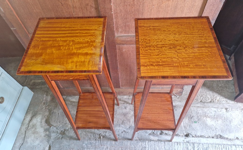 Pair of Edwardian inlaid Satinwood 2 tier jardiniere stands. View II