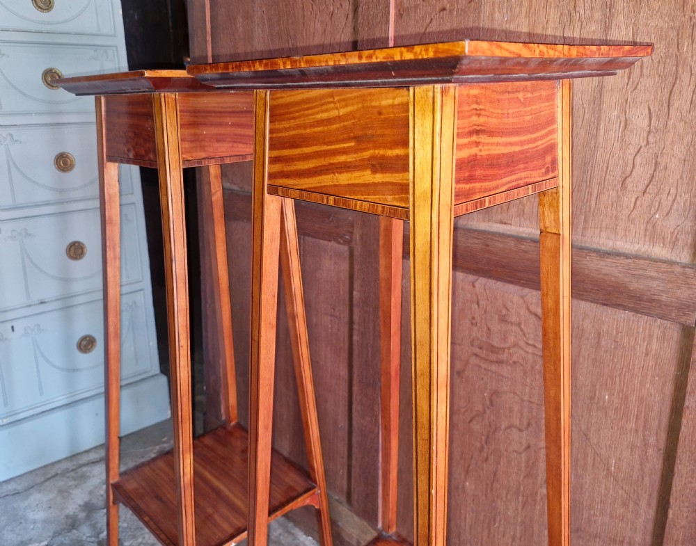 Pair of Edwardian inlaid Satinwood 2 tier jardiniere stands. View III