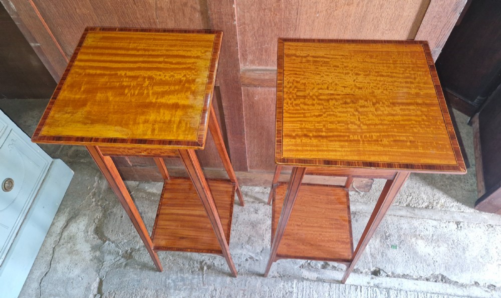 Pair of Edwardian inlaid Satinwood 2 tier jardiniere stands. View VII