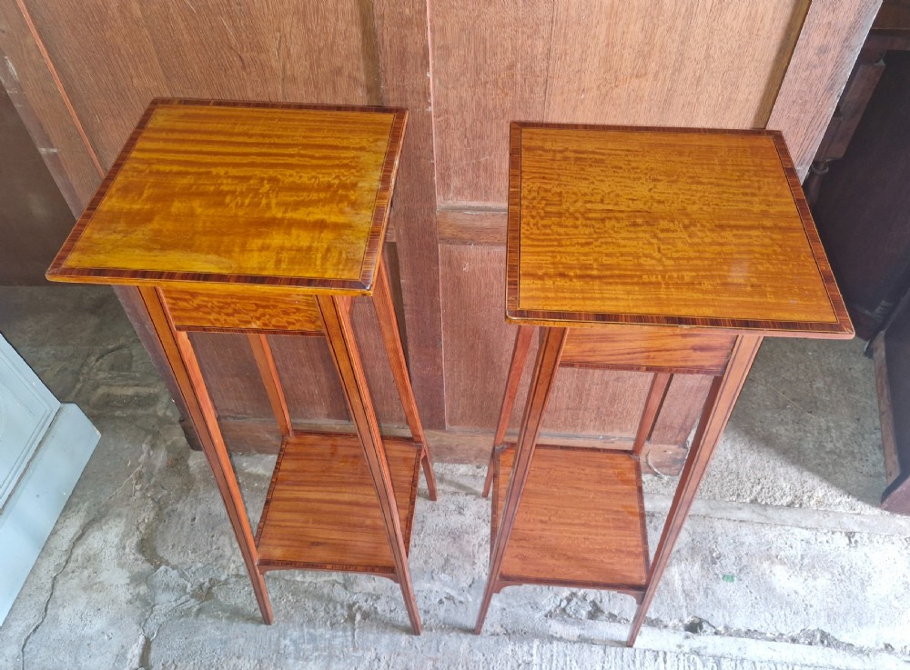 Pair of Edwardian inlaid Satinwood 2 tier jardiniere stands. View VIII