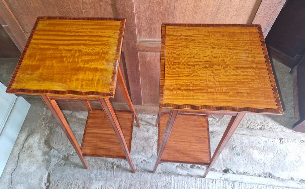 Pair of Edwardian inlaid Satinwood 2 tier jardiniere stands. View IX