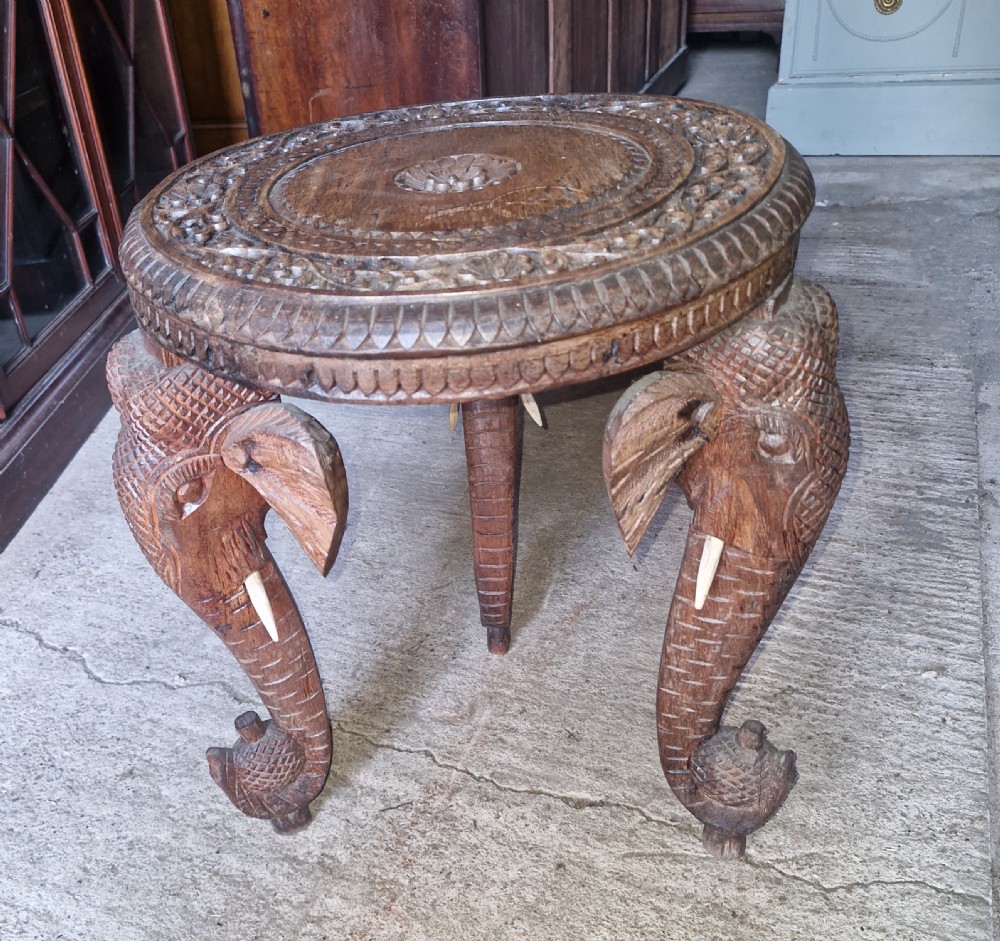 Carved Anglo Indian Elephant table with wooden tusks. View III