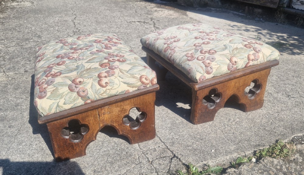 Pair of Victorian oak Gothic foot stools. View IX