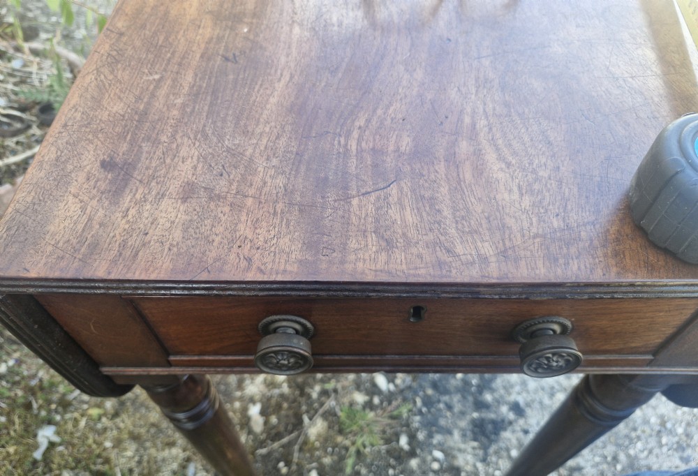 Regency mahogany single drawer reading lamp table.  View VI
