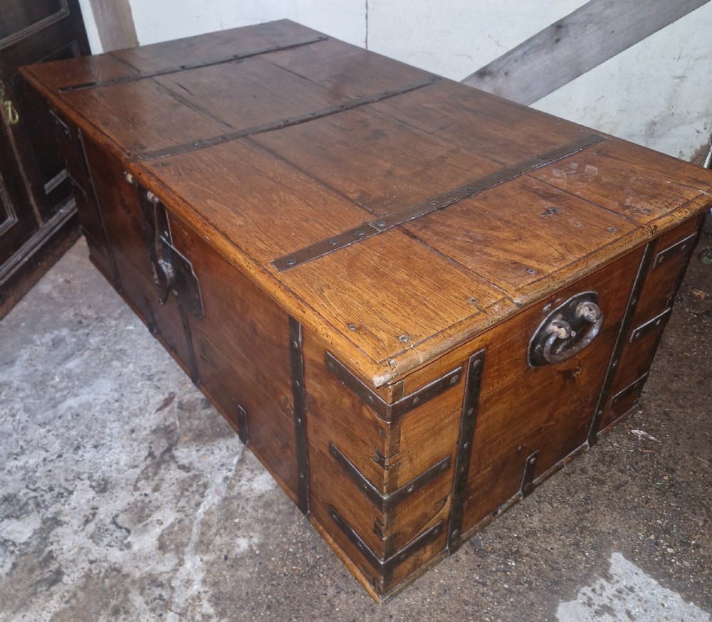 Good Anglo Indian teak Iron bound travelling trunk.