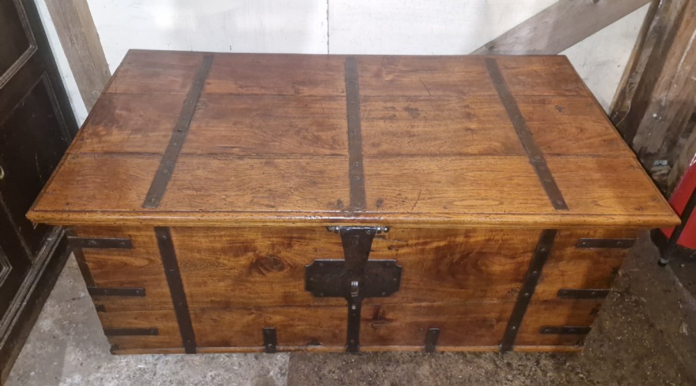 Good Anglo Indian teak Iron bound travelling trunk. View XII