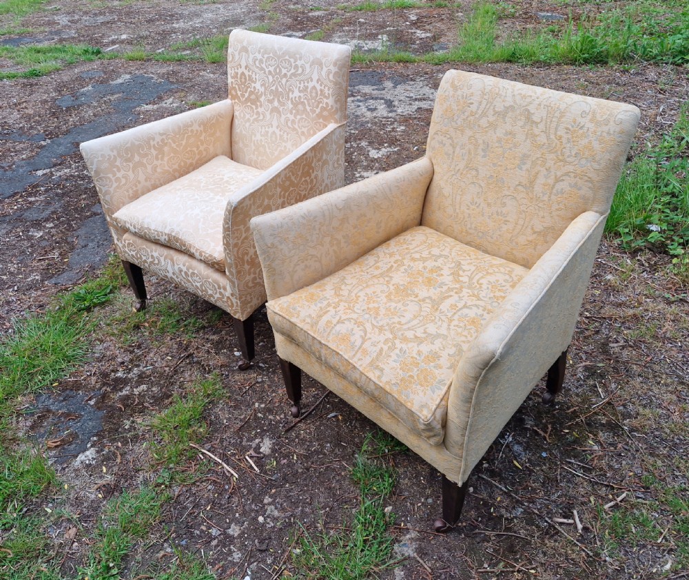 Pair of Edwardian upholstered drawing room armchairs. View II