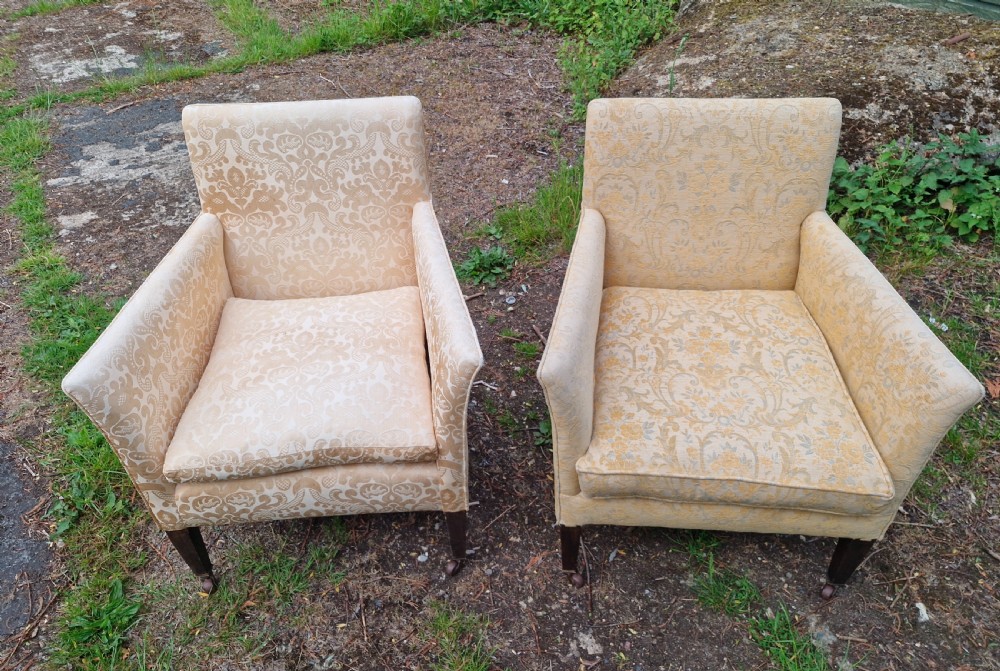 Pair of Edwardian upholstered drawing room armchairs. View IV
