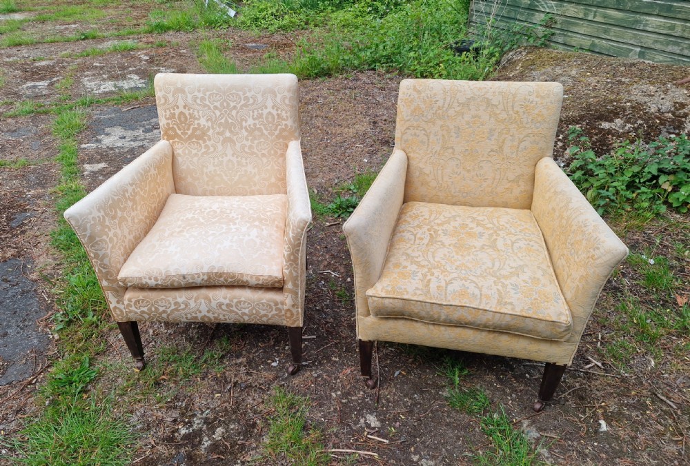 Pair of Edwardian upholstered drawing room armchairs. View VI