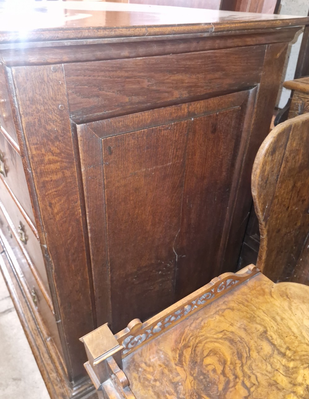 18th century oak chest on stand.  View XXI