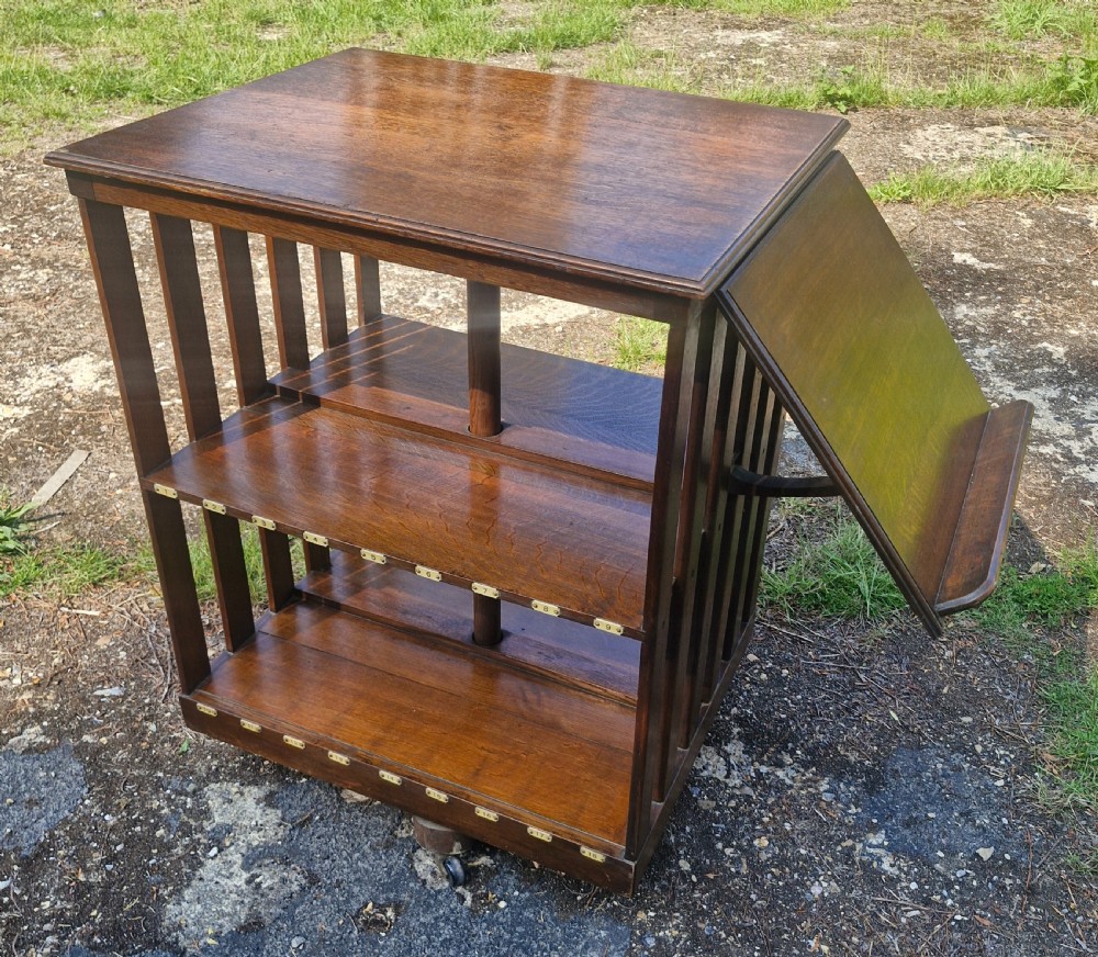 Edwardian oak revolving bookcase with adjustable reading slope.  View VII