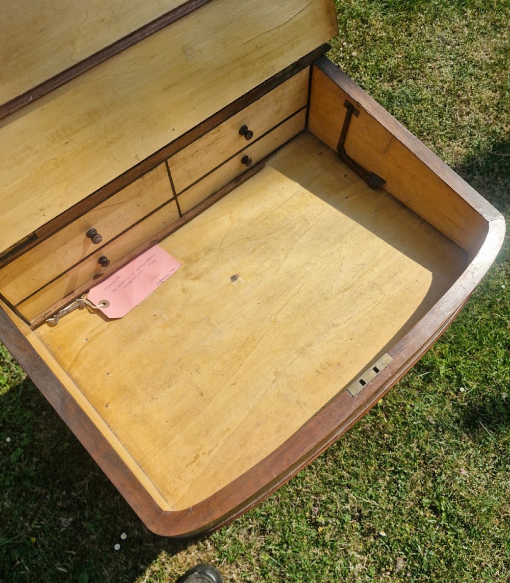 A Victorian walnut Davenport desk featuring a green leather writing slope, floral marquetry inlay, a raised top stationery box, and four side drawers. View II